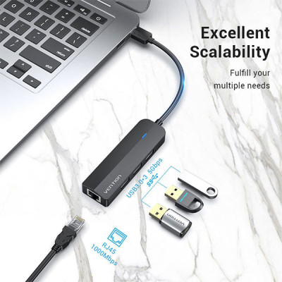 image of VENTION CHNBB 3-Port USB 3.0 Hub with Gigabit Ethernet Adapter 0.15M BLK with Spec and Price in BDT