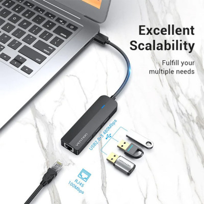 image of Vention CHPBB 3-Port USB 2.0 Hub with 100M Ethernet Adapter with Spec and Price in BDT