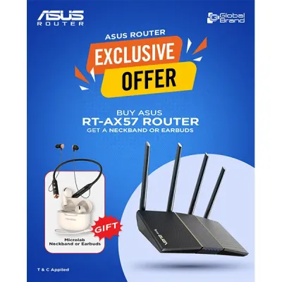 image of ASUS RT-AX57 AX3000 Dual Band WiFi 6 Router with Microlab Wisepods 20 TWS Bluetooth Earbuds or Microlab Neckband-11 Bluetooth Earphone with Spec and Price in BDT