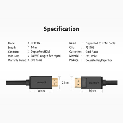 image of UGREEN DP101 (10203) DP Male to HDMI Male Cable - 3M with Spec and Price in BDT