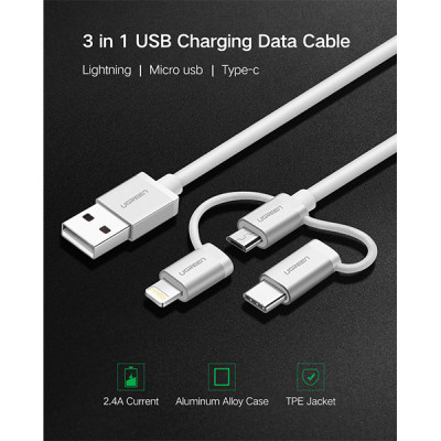 image of Ugreen US186 (50203) 3-in-1 USB 2.0-A Multifunction Cable - 1.5M with Spec and Price in BDT