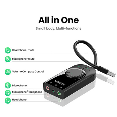 image of UGREEN CM129 (50599) USB External Stereo Sound Adapter - Black with Spec and Price in BDT