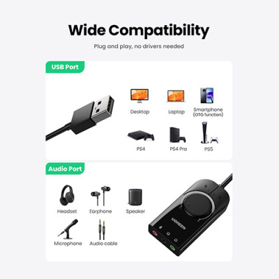 image of UGREEN CM129 (50599) USB External Stereo Sound Adapter - Black with Spec and Price in BDT