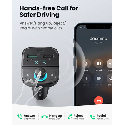image of UGREEN CD229 (80910) Bluetooth FM Transmitter Car Adapter with Spec and Price in BDT
