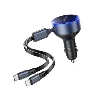 Vention FFOB0 30W 3-Port (USB-C + Lightning) Car Charger with Built-In Retractable Cable