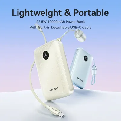 image of VENTION FKAL0-C 22.5W 10000mAh LED Display Power Bank with Built-in USB-C to C Cable - Blue with Spec and Price in BDT
