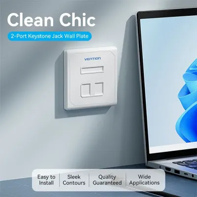 image of Vention IFEW0 2-Port Keystone Jack Wall Plate - White with Spec and Price in BDT