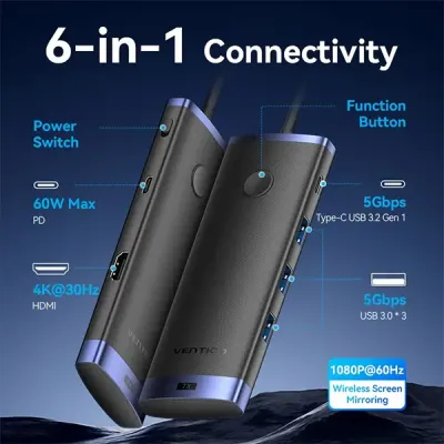 image of Vention TPVBB 6-in-1 USB-C Wireless HDMI Multifunction Docking Station with Spec and Price in BDT